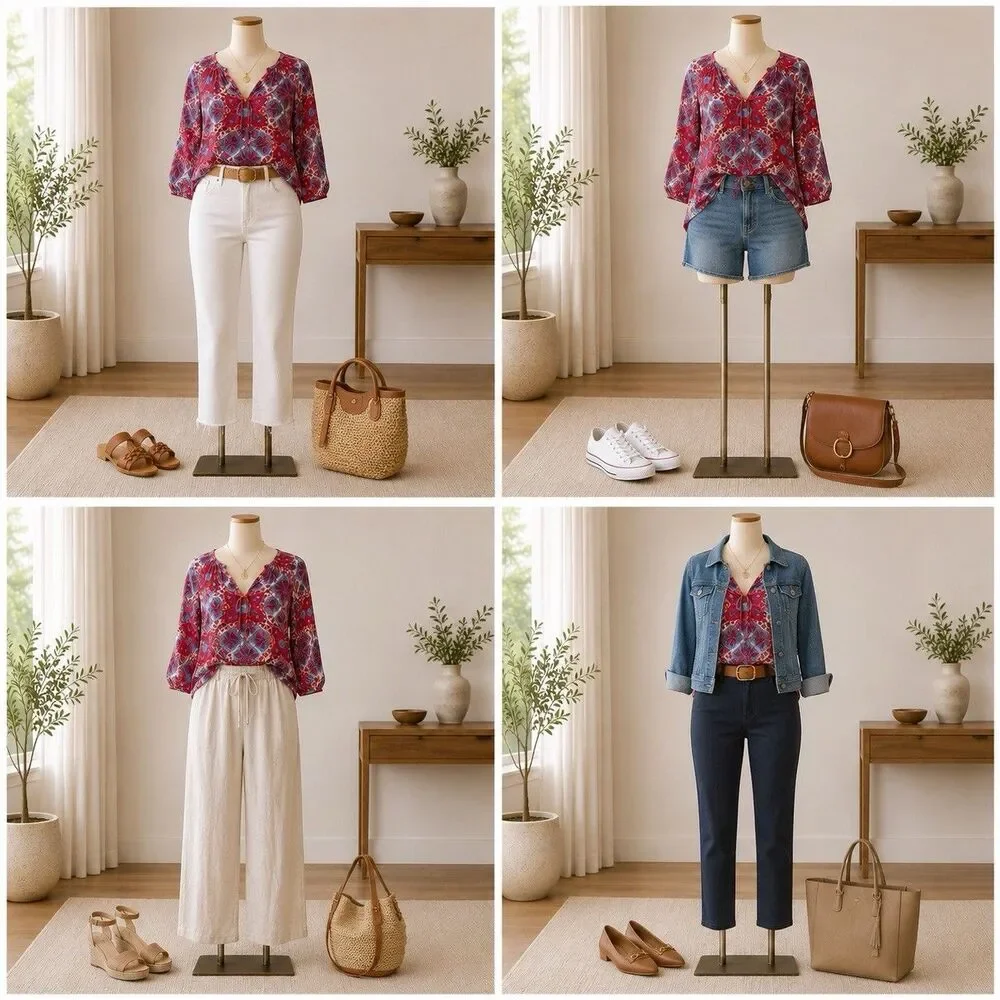 Karen Kane L Boho Medallion Print Split V-Neck Tie Blouse 3/4 Sleeve Viscose